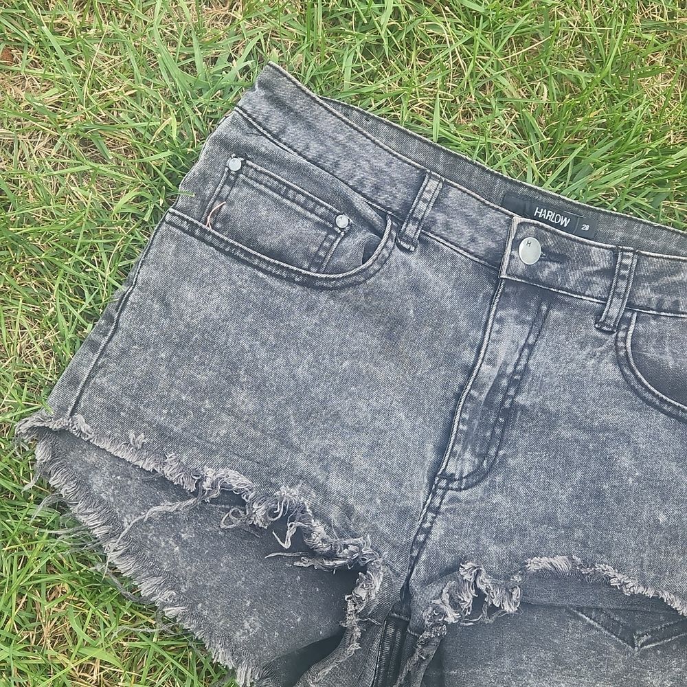 Y2K Black Cutoff Denim Jean Shorts Black Acid Wash Punk Grunge Goth Whimsigoth - Picture 2 of 5